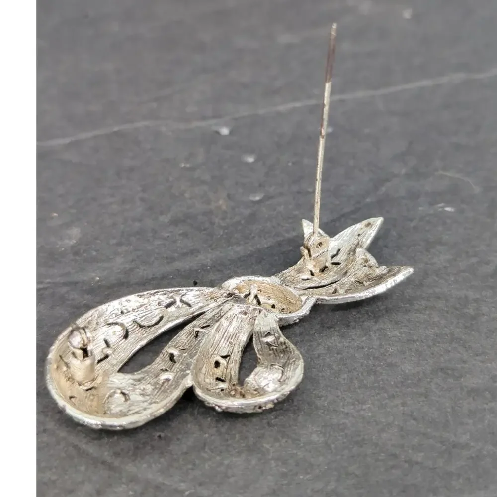 Vintage Marcasite Silver Tone Ribbon Bow Brooch Pin Retro Art Deco Glam